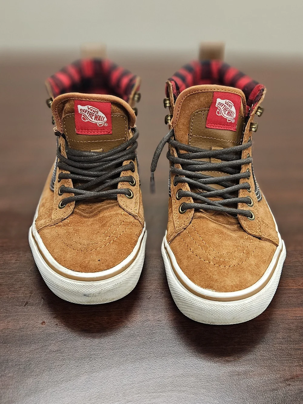 Vans Tan Suede High-Top Sneakers with Red Plaid Collar